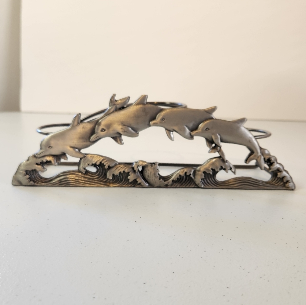 Vintage 90s Pewter Dolphin Candle Holder Votive 3 Tea Light Dolphins Ocean